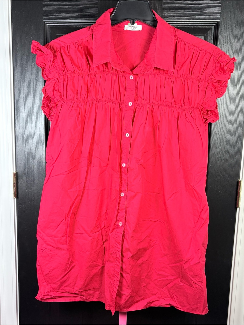 Avara Ladies Red Smocked Button-Front Mini Dress